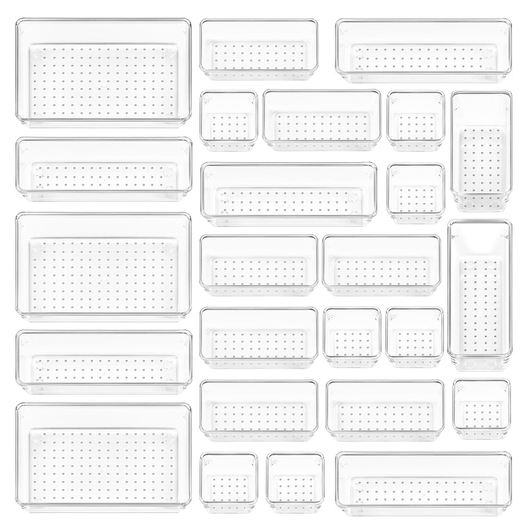Vtopmart 28 PCS Clear Plastic Drawer Organizers Set, 4-Size Bathroom and Vanity Drawer Organizer Trays, Acrylic Storage Bins for Toiletries, Makeup, Cosmetic, Kitchen Utensils, Tool, Gadgets