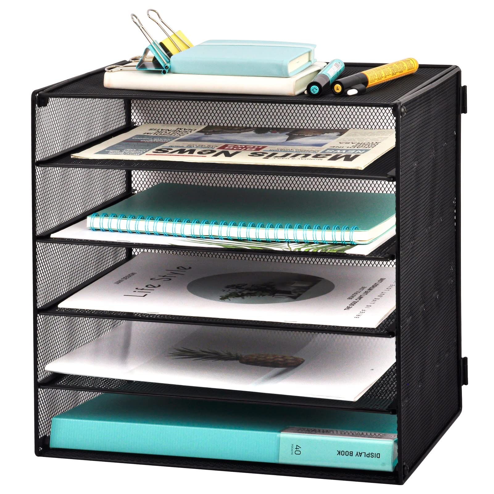 EASEPRES 5 Slot Mesh Desk Organizer Tray, File Paper Letter Folder Holder Desktop Paper Sorter Mail Organization Rack Storage Accessories, for Office Home School Classroom, Black, 2 Pack