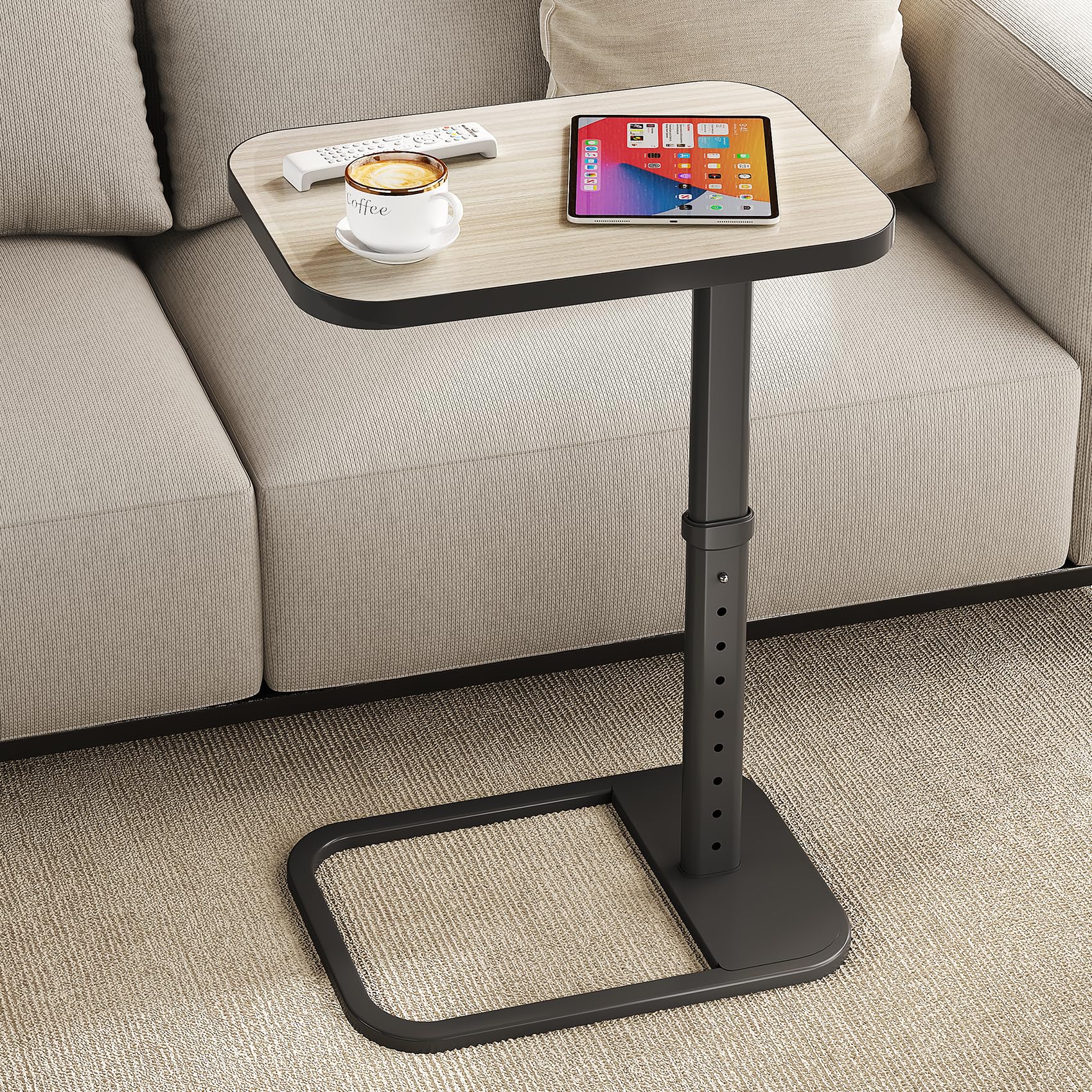 Adjustable Flip-Top C-Shaped TV Tray Table with Safe Metal Corners, Sofa Bed Side Table for Laptops & Meals