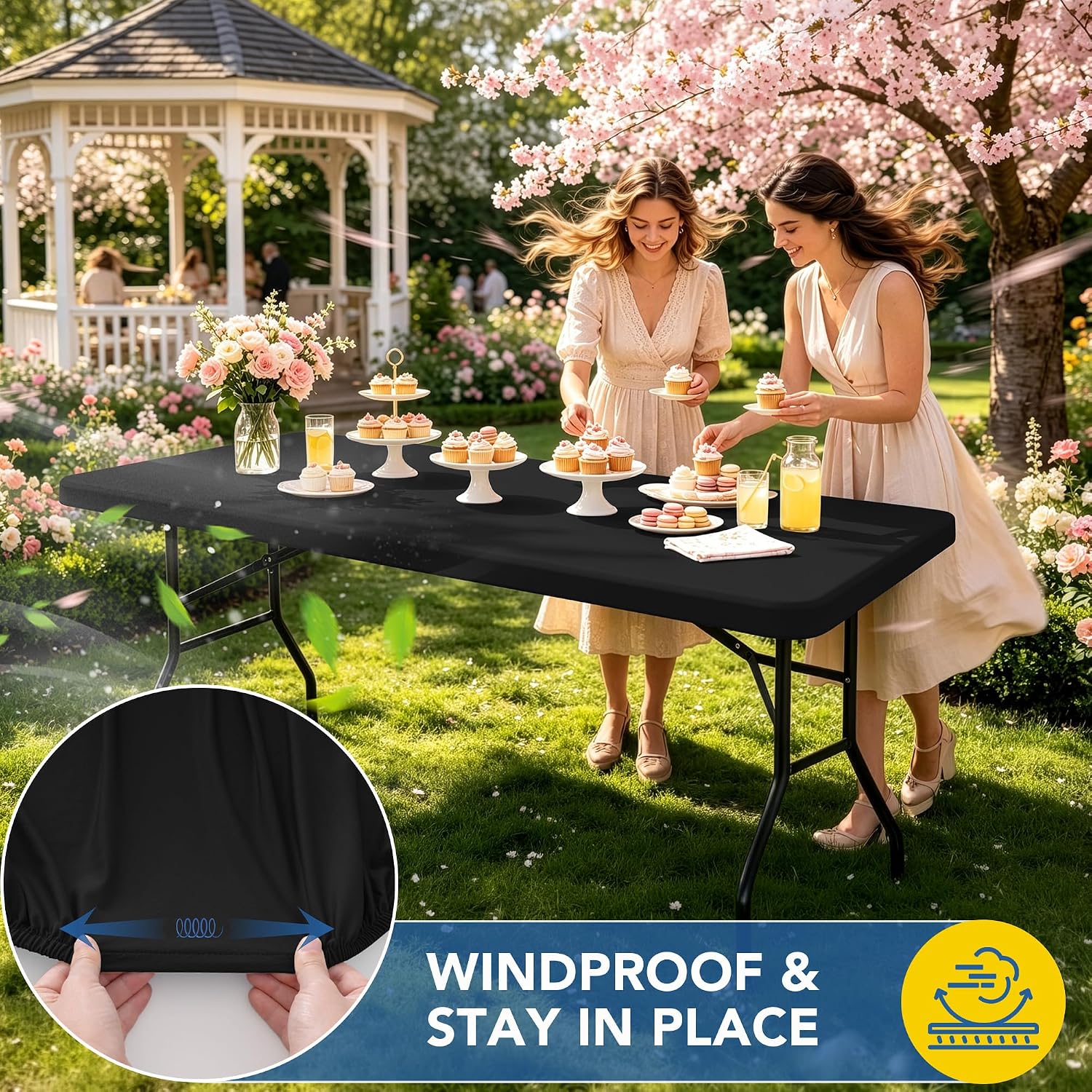 Fitted Tablecloth for 6 Foot Rectangle Tables-6 Pack Black Elastic Outdoor Picnic Table Cover-Spandex Stretch Folding Table Cloths 6 ft for Camping Dining Room Patio Kitchen Banquet Party