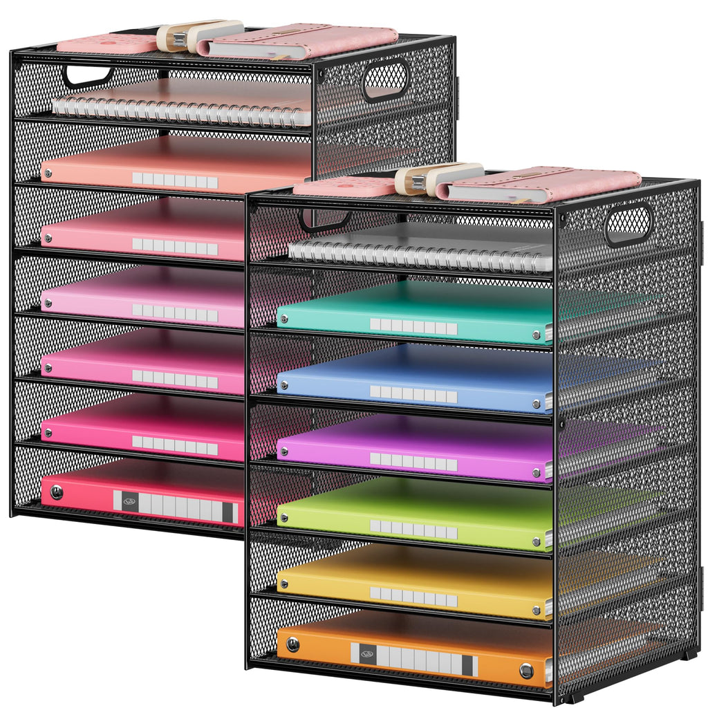 Lavatino 2 Pack 8-Tier Office Desk File Organizer, Letter Tray Paper Organizer with Handle, Including 5 Adjustable Slide Trays for Organizing Desk Workspace Accessories and Supplies (Pink Mesh)