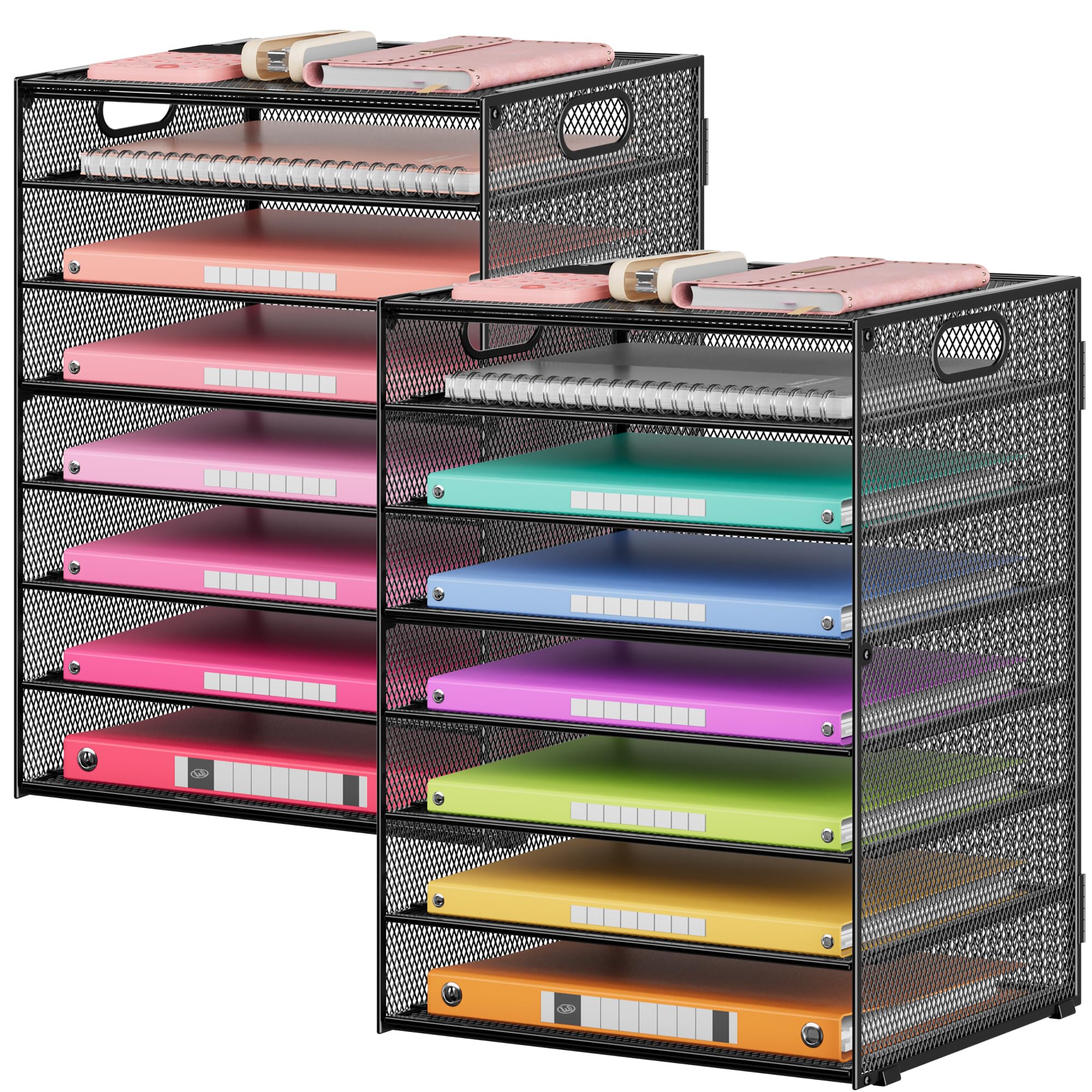 Lavatino 2 Pack 8-Tier Office Desk File Organizer, Letter Tray Paper Organizer with Handle, Including 5 Adjustable Slide Trays for Organizing Desk Workspace Accessories and Supplies (Pink Mesh)
