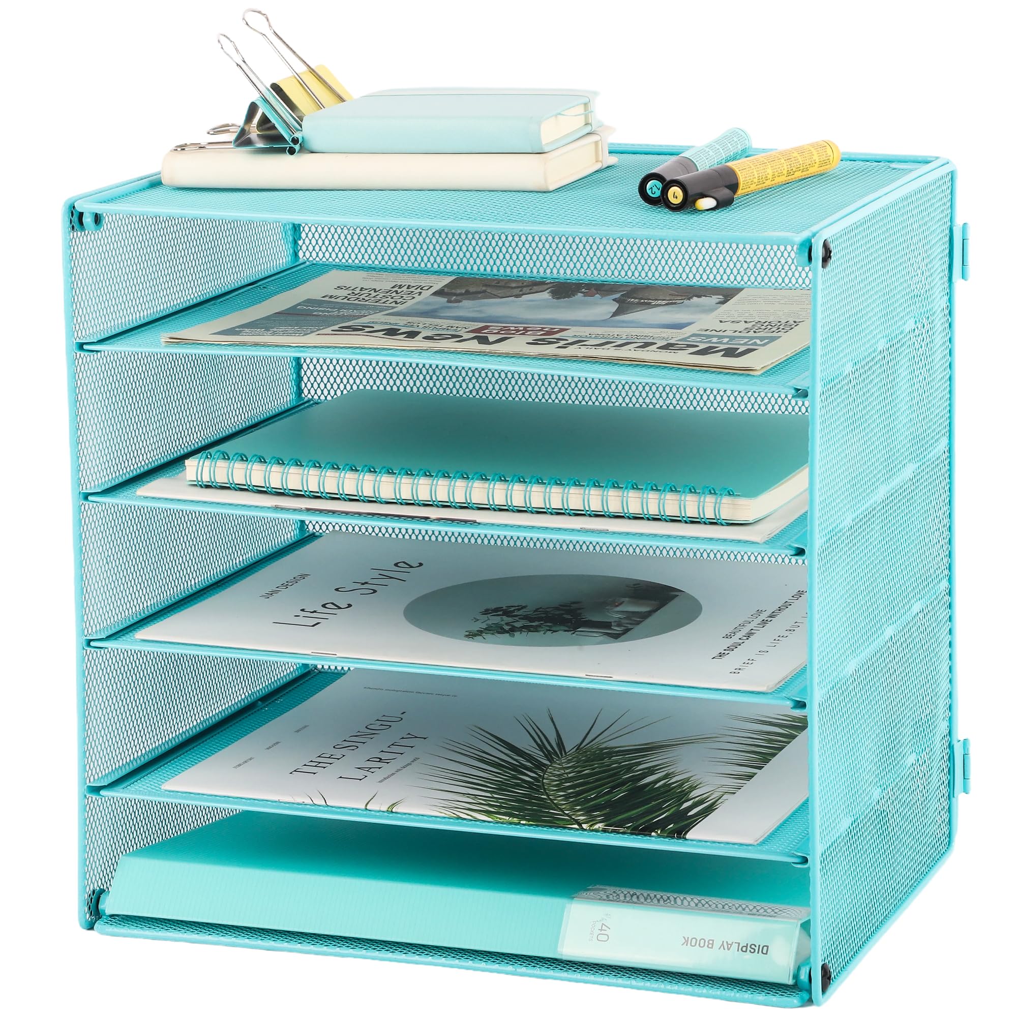 EASEPRES 5 Slot Mesh Desk Organizer Tray, File Paper Letter Folder Holder Desktop Paper Sorter Mail Organization Rack Storage Accessories, for Office Home School Classroom, Black, 2 Pack