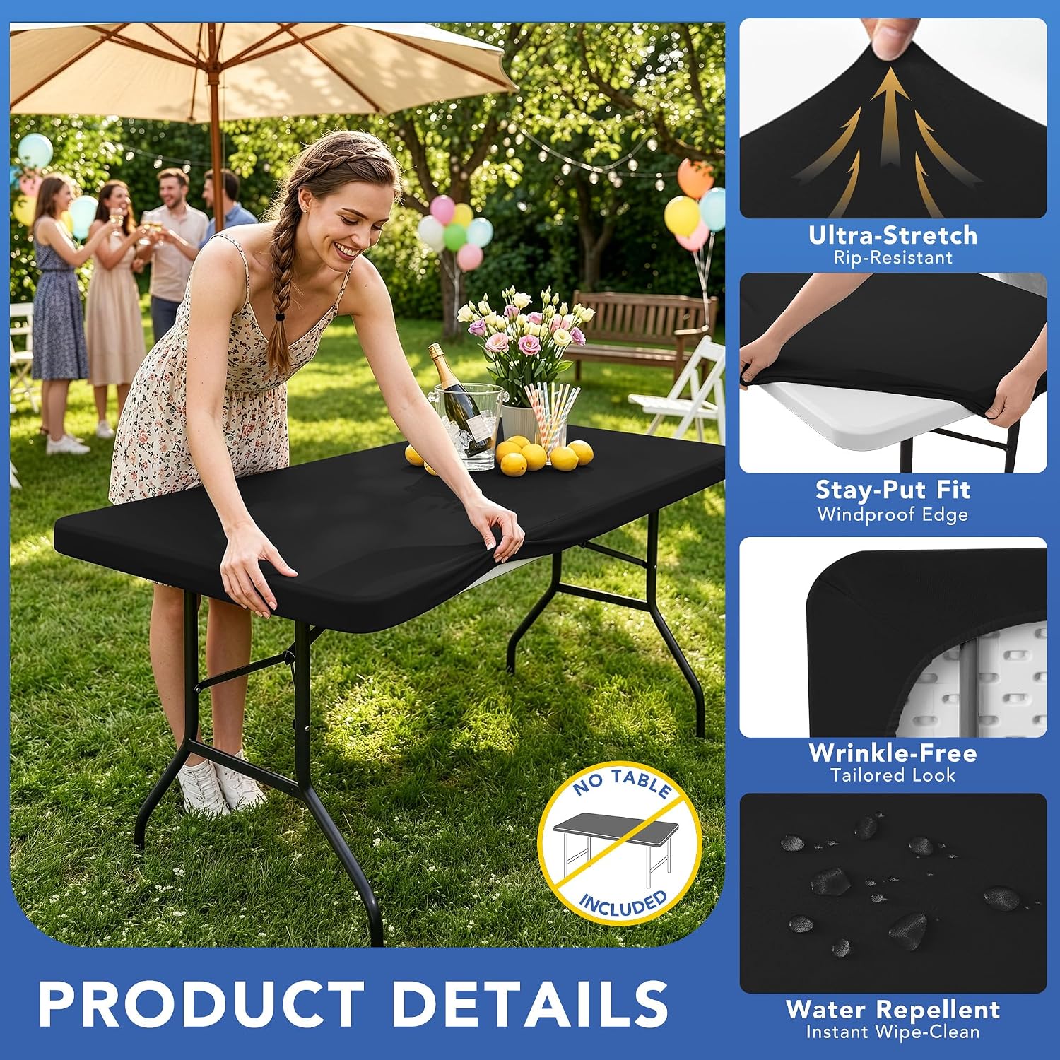 Fitted Tablecloth for 6 Foot Rectangle Tables-6 Pack Black Elastic Outdoor Picnic Table Cover-Spandex Stretch Folding Table Cloths 6 ft for Camping Dining Room Patio Kitchen Banquet Party