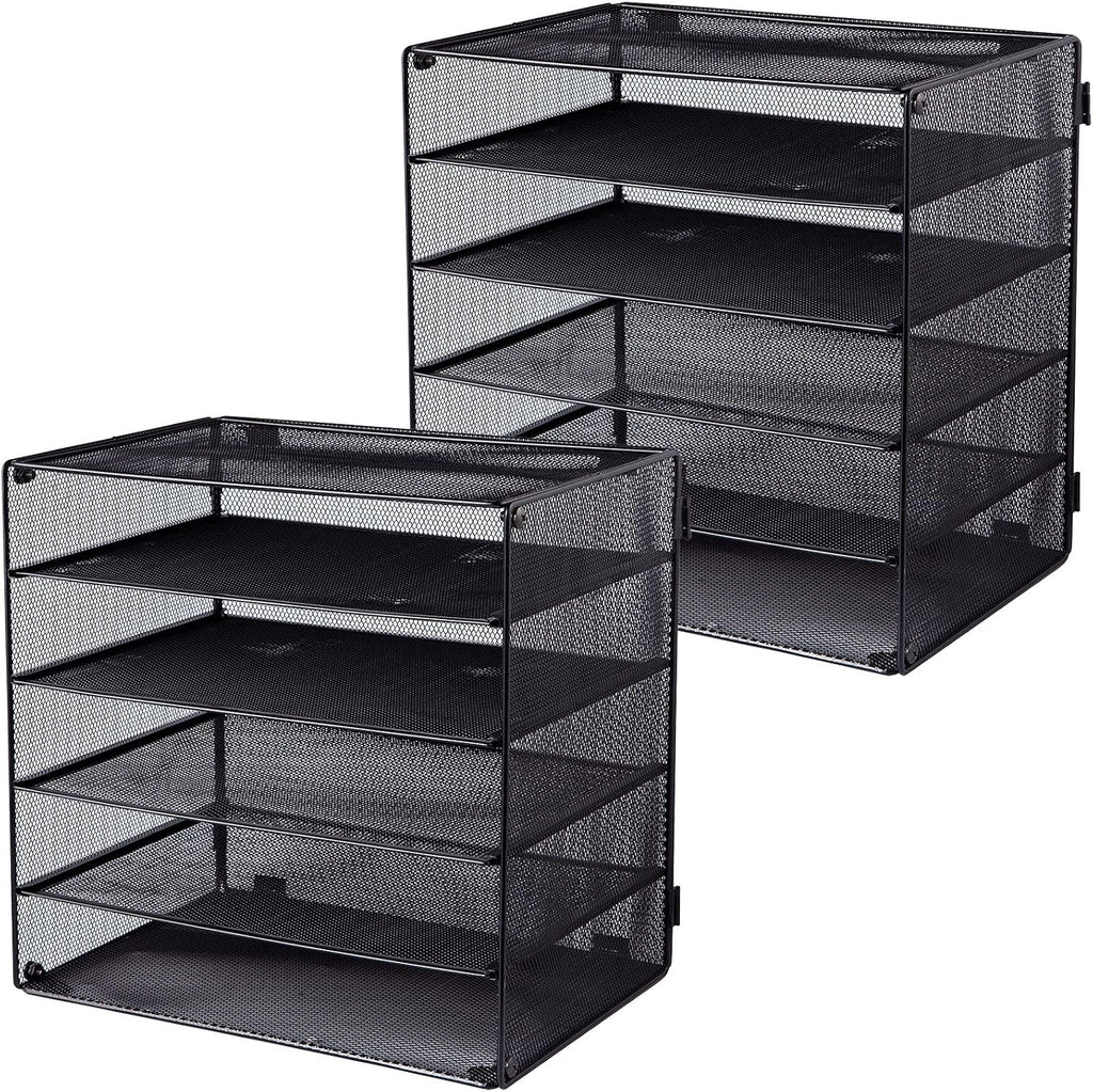 EASEPRES 5 Slot Mesh Desk Organizer Tray, File Paper Letter Folder Holder Desktop Paper Sorter Mail Organization Rack Storage Accessories, for Office Home School Classroom, Black, 2 Pack