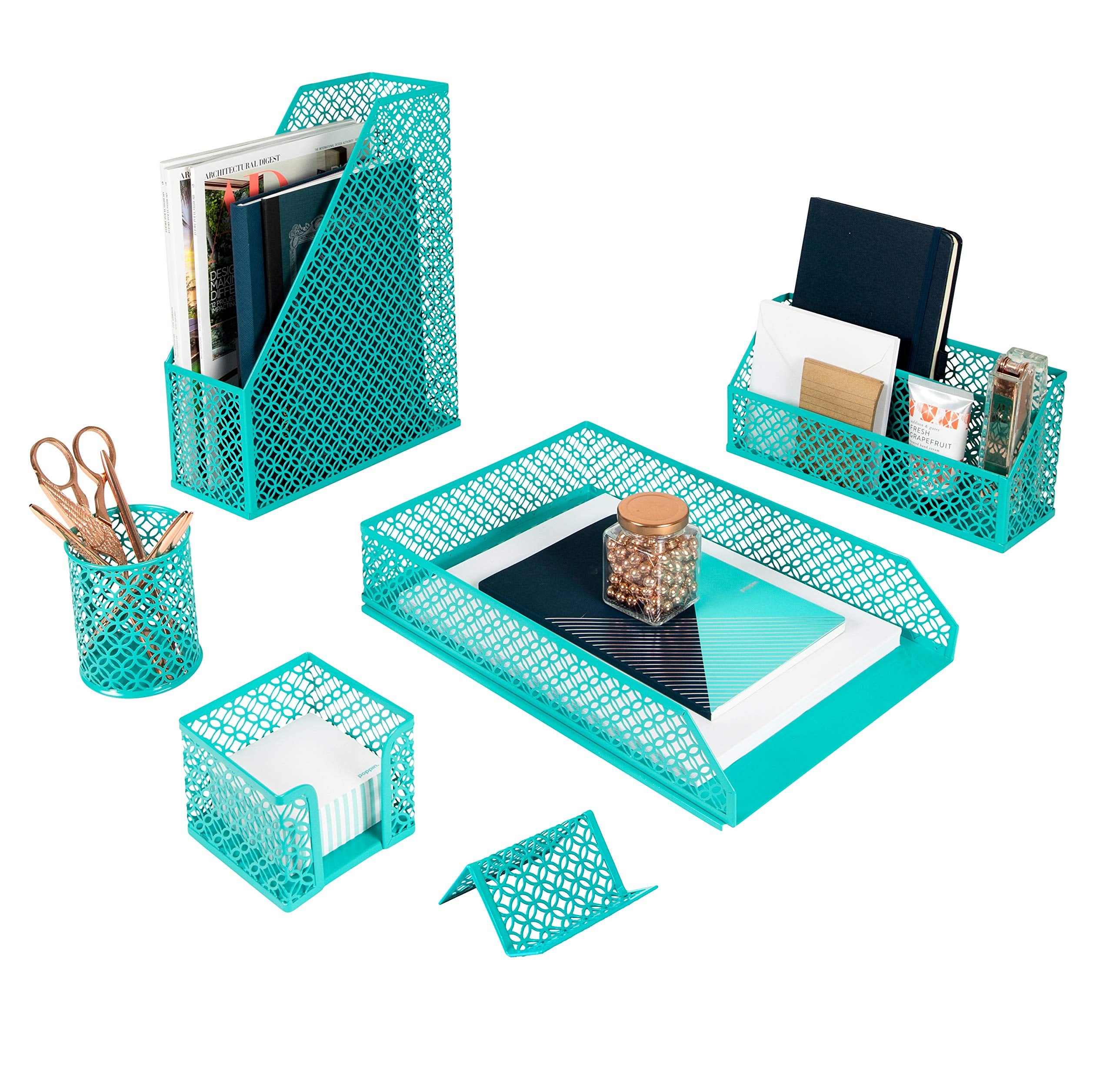 BLU MONACO | Gold Desk Organizer Set with Mail Sorter, Sticky Note Holder, Pen Cup, Magazine Holder, Letter Tray & Business Card Holder | Stylish Desk Accessories for Women & Home Office Décor
