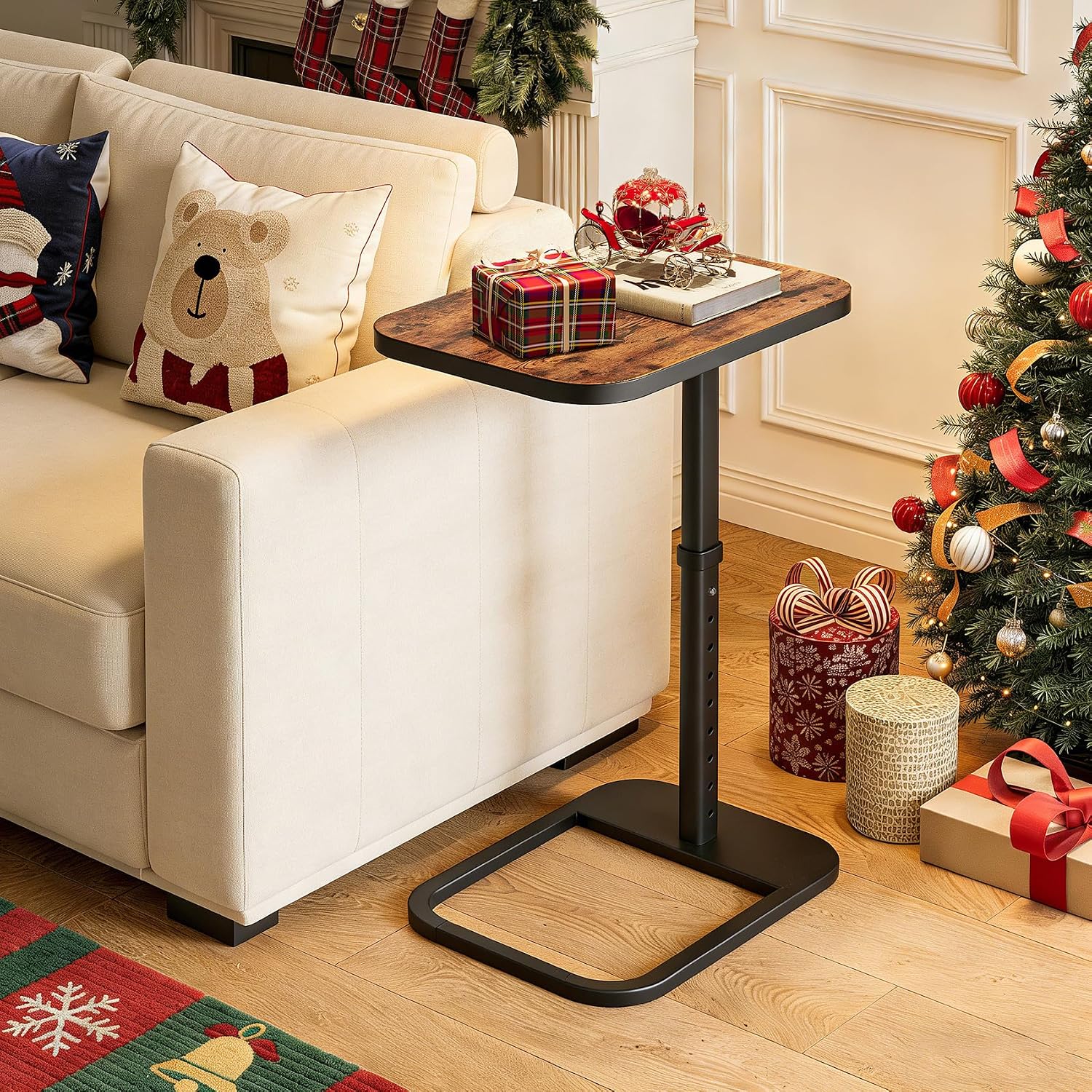 Adjustable Flip-Top C-Shaped TV Tray Table with Safe Metal Corners, Sofa Bed Side Table for Laptops & Meals