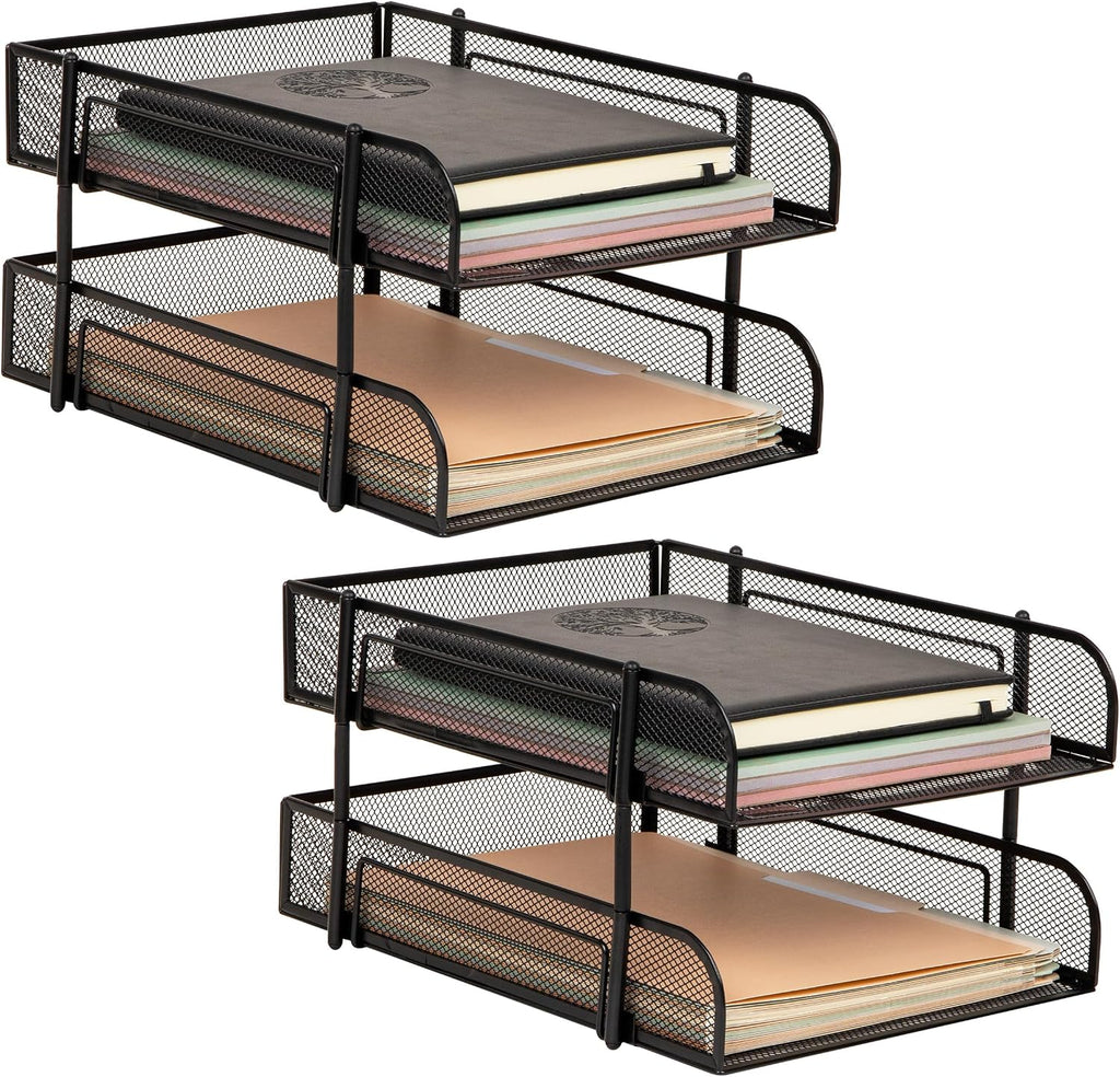 Mind Reader 2-Tier Stackable Paper Tray, Metal Mesh Desk Organizer for Files, Documents, and Mail, Office Desktop Storage, Set of 2, Black