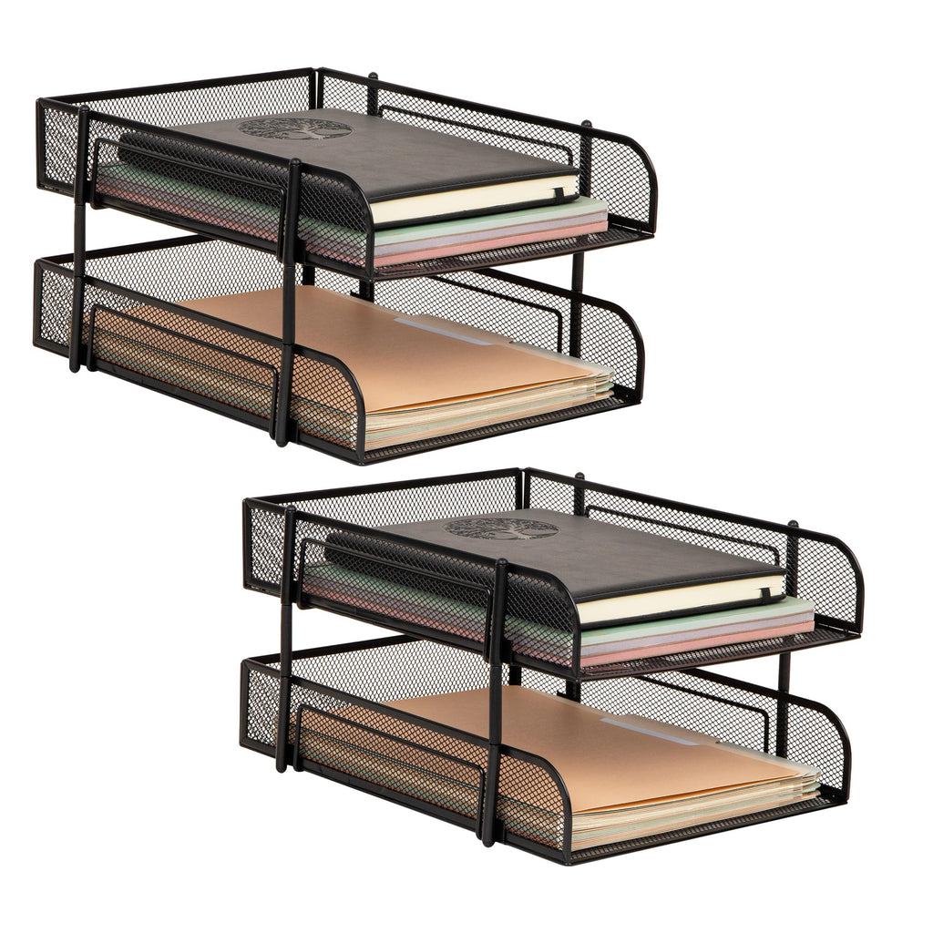 Mind Reader 2-Tier Stackable Paper Tray, Metal Mesh Desk Organizer for Files, Documents, and Mail, Office Desktop Storage, Set of 2, Black