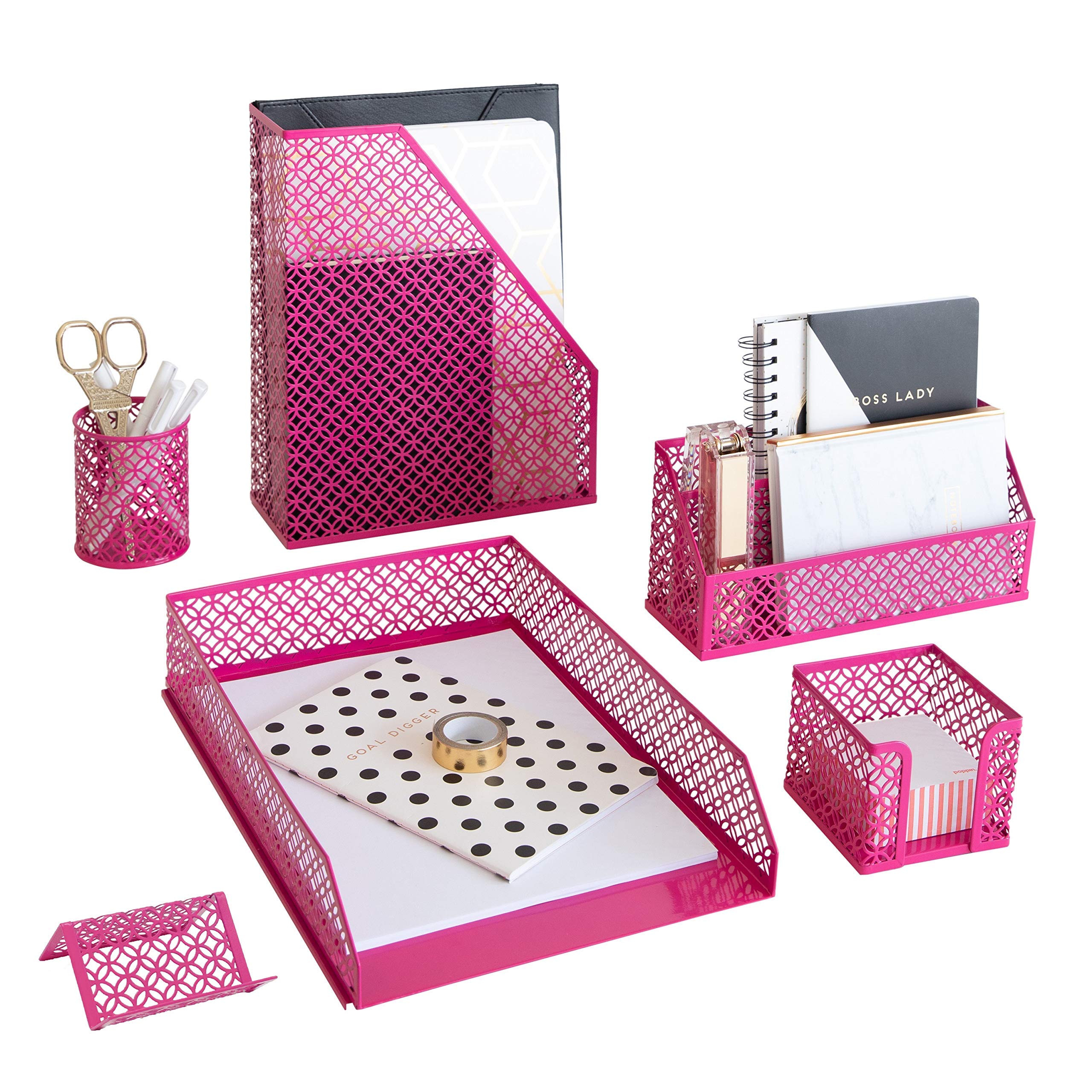 BLU MONACO | Gold Desk Organizer Set with Mail Sorter, Sticky Note Holder, Pen Cup, Magazine Holder, Letter Tray & Business Card Holder | Stylish Desk Accessories for Women & Home Office Décor
