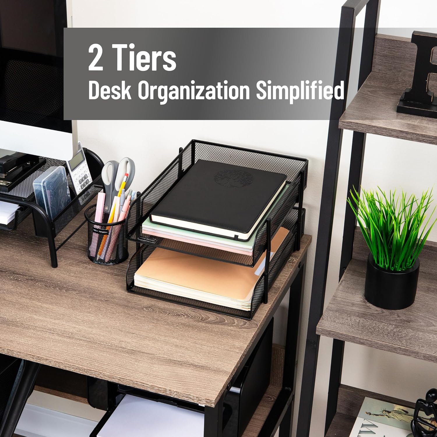 Mind Reader 2-Tier Stackable Paper Tray, Metal Mesh Desk Organizer for Files, Documents, and Mail, Office Desktop Storage, Set of 2, Black