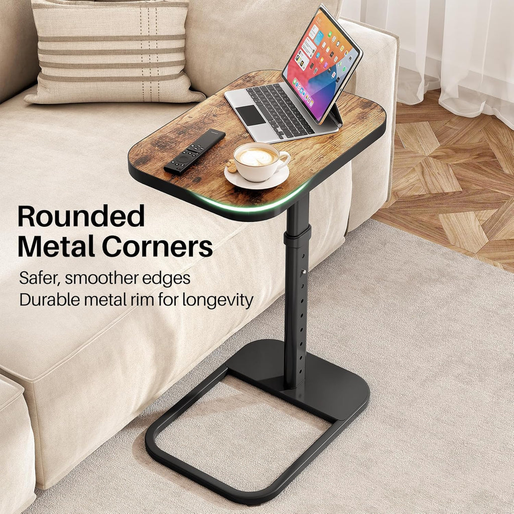 Adjustable Flip-Top C-Shaped TV Tray Table with Safe Metal Corners, Sofa Bed Side Table for Laptops & Meals