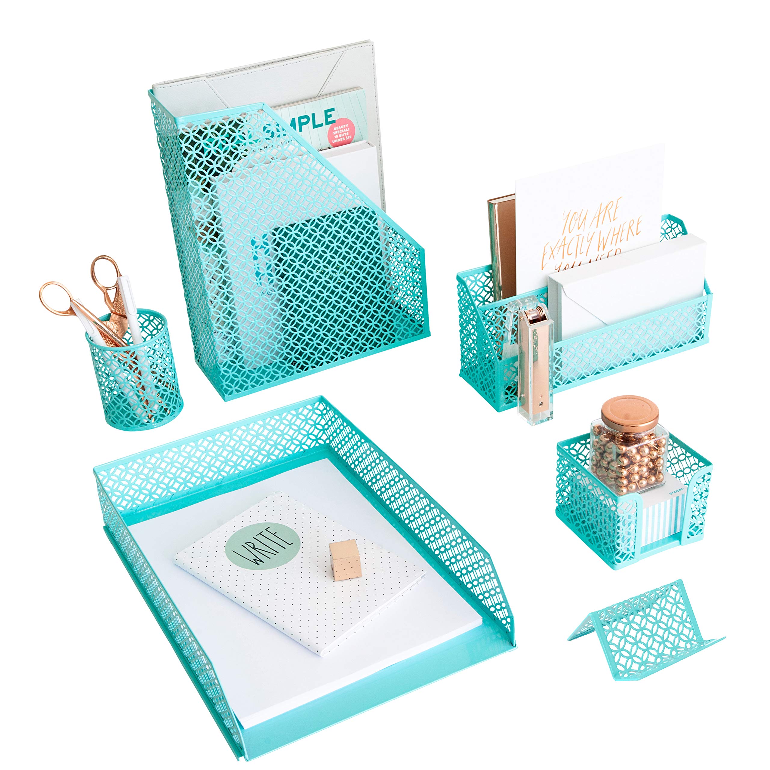 BLU MONACO | Gold Desk Organizer Set with Mail Sorter, Sticky Note Holder, Pen Cup, Magazine Holder, Letter Tray & Business Card Holder | Stylish Desk Accessories for Women & Home Office Décor