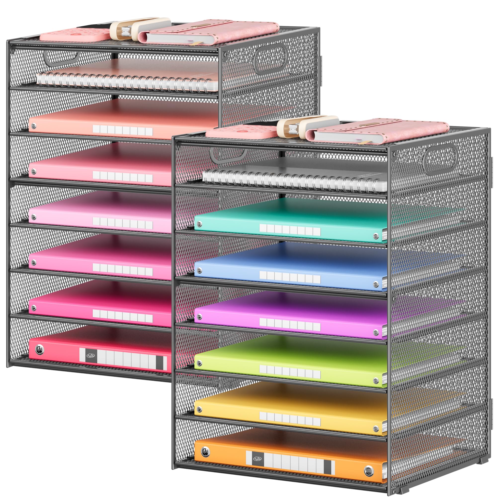 Lavatino 2 Pack 8-Tier Office Desk File Organizer, Letter Tray Paper Organizer with Handle, Including 5 Adjustable Slide Trays for Organizing Desk Workspace Accessories and Supplies (Pink Mesh)