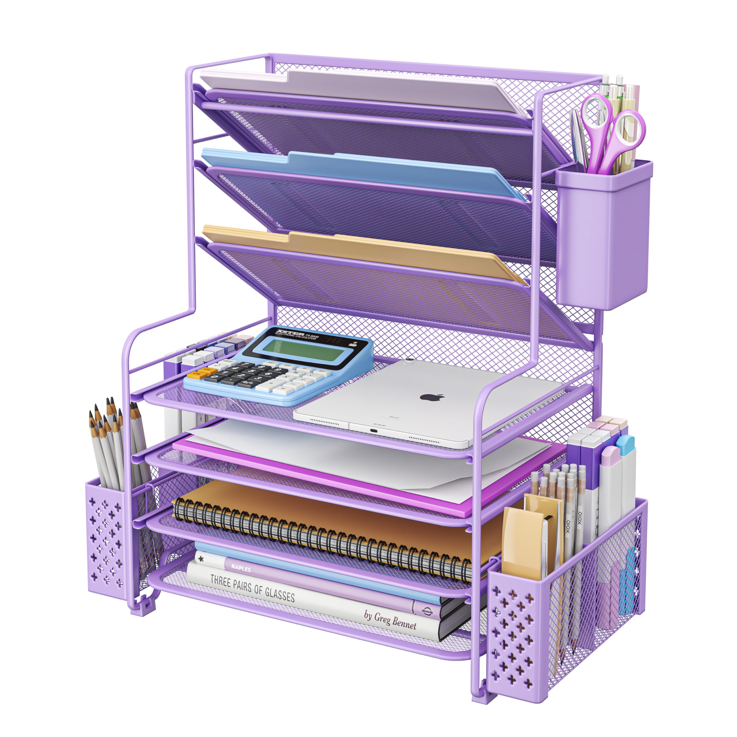 Simple Trending 7 Tier Desk File Organizer, Letter Tray Paper Organizer with Pen Holder and Metal Hanging Basket, Pink