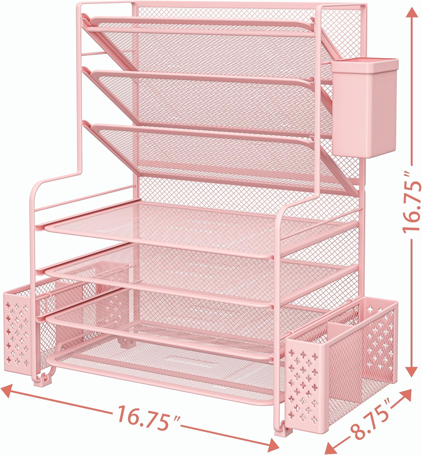 Simple Trending 7 Tier Desk File Organizer, Letter Tray Paper Organizer with Pen Holder and Metal Hanging Basket, Pink