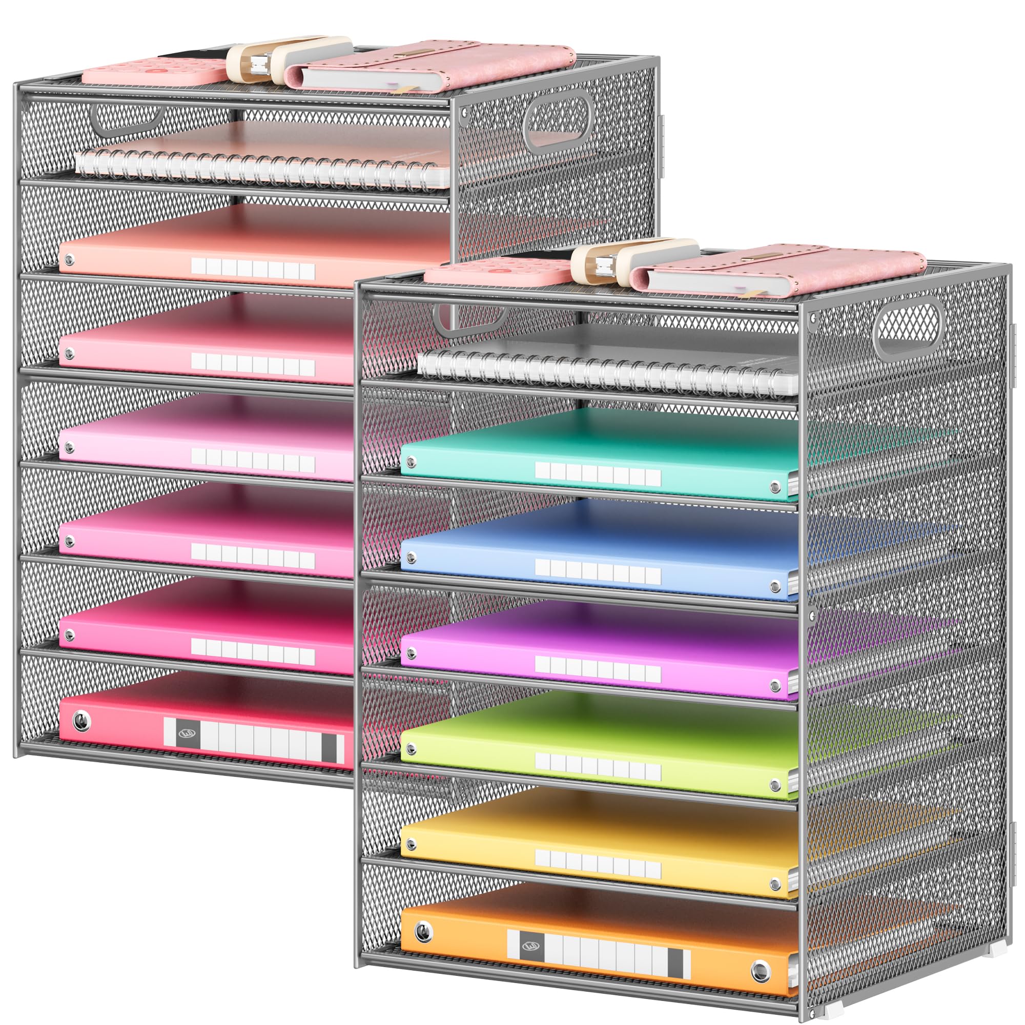 Lavatino 2 Pack 8-Tier Office Desk File Organizer, Letter Tray Paper Organizer with Handle, Including 5 Adjustable Slide Trays for Organizing Desk Workspace Accessories and Supplies (Pink Mesh)