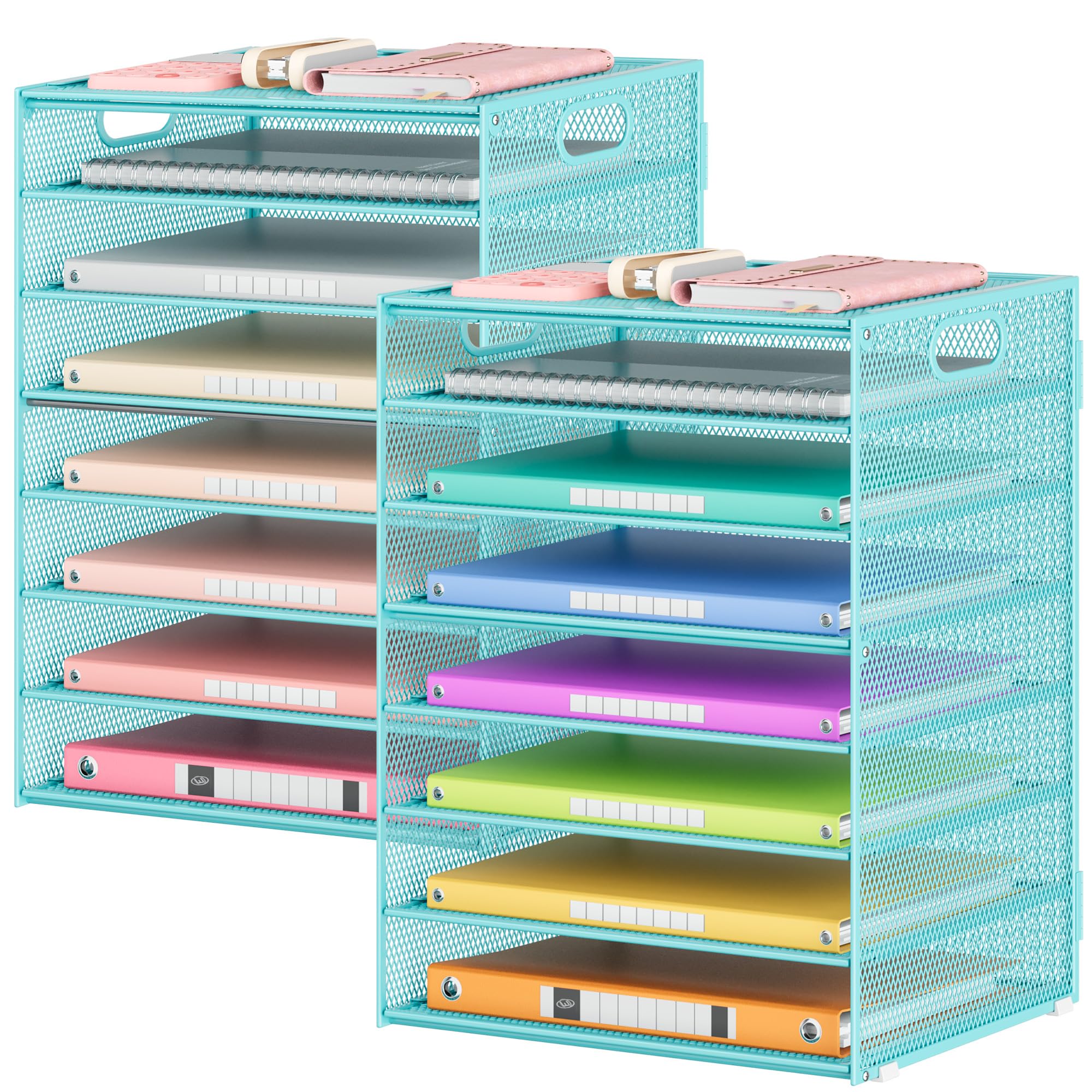 Lavatino 2 Pack 8-Tier Office Desk File Organizer, Letter Tray Paper Organizer with Handle, Including 5 Adjustable Slide Trays for Organizing Desk Workspace Accessories and Supplies (Pink Mesh)