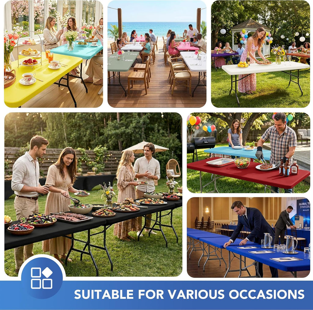 Fitted Tablecloth for 6 Foot Rectangle Tables-6 Pack Black Elastic Outdoor Picnic Table Cover-Spandex Stretch Folding Table Cloths 6 ft for Camping Dining Room Patio Kitchen Banquet Party