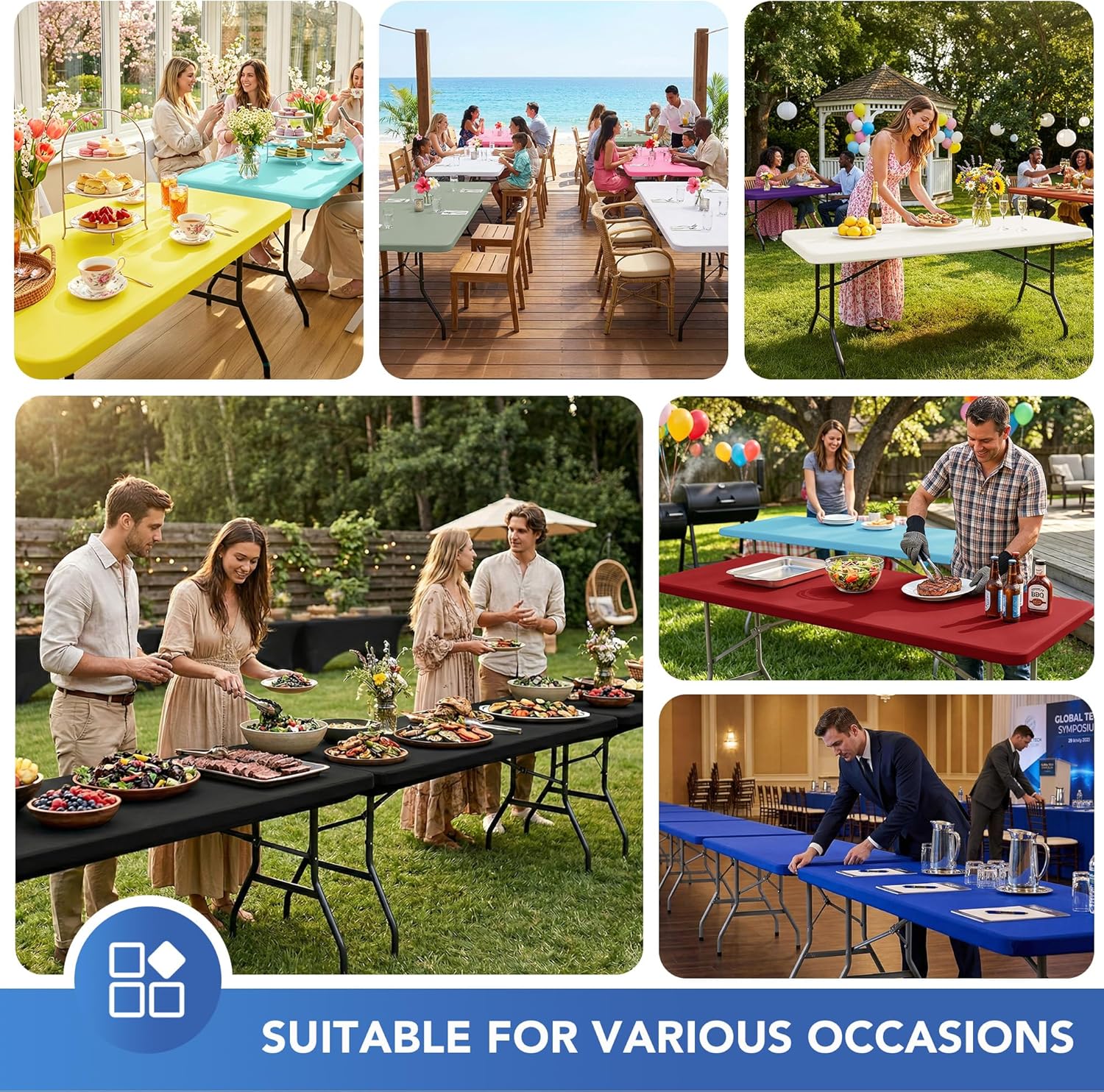 Fitted Tablecloth for 6 Foot Rectangle Tables-6 Pack Black Elastic Outdoor Picnic Table Cover-Spandex Stretch Folding Table Cloths 6 ft for Camping Dining Room Patio Kitchen Banquet Party