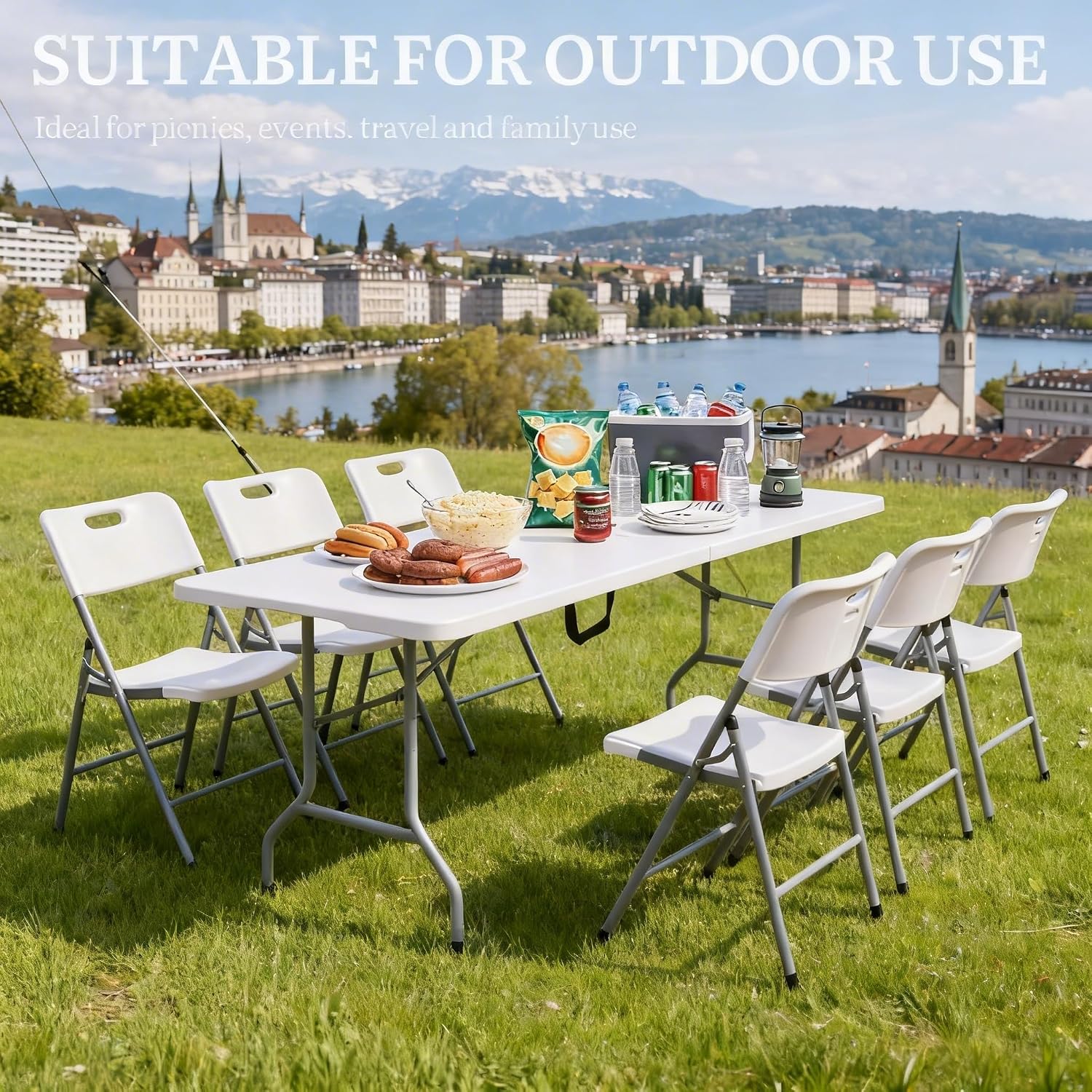 DWVO 6FT Folding Table, Heavy Duty Folding Tables with Carrying Handle, HDPE Fold up Table for Outdoor Camping Picnic Parties, Indoor Events (White)